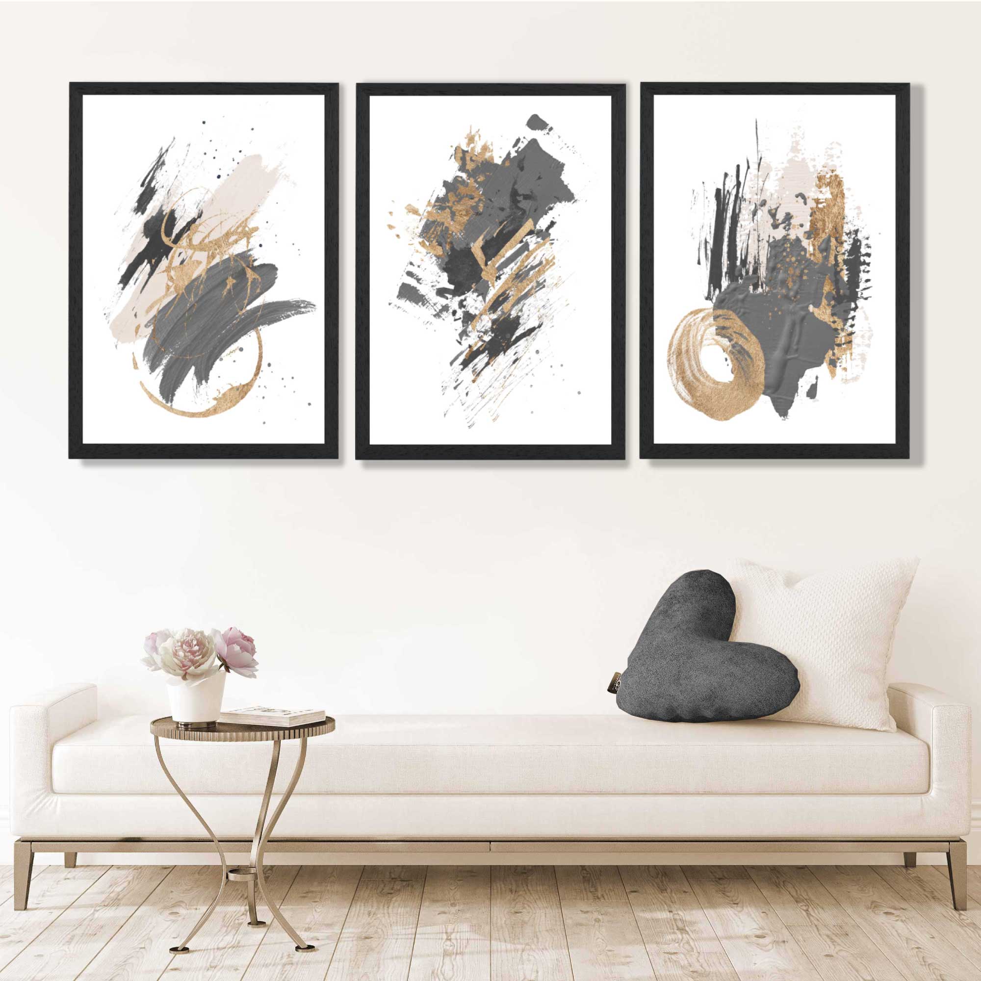 Grey and Gold Abstract Oil Shapes Set of 3 Framed Art Prints in Luxury Frames | Artze UK