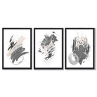 Grey and Silver Abstract Oil Shapes Set of 3 Framed Art Prints with Black Wooden Frames