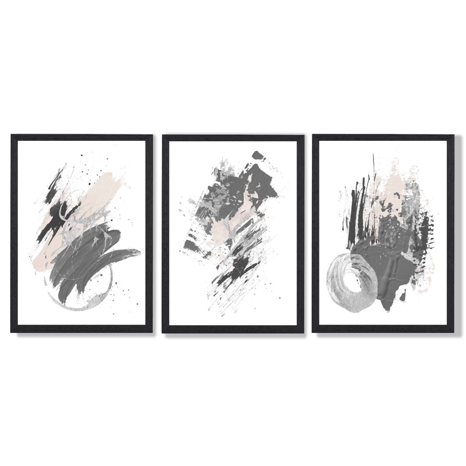 Grey and Silver Abstract Oil Shapes Set of 3 Framed Art Prints with Black Wooden Frames