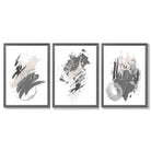 Grey and Silver Abstract Oil Shapes Set of 3 Framed Art Prints with Dark Grey Wooden Frames