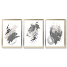 Grey and Silver Abstract Oil Shapes Set of 3 Framed Art Prints with Gold Wood Frames