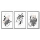 Grey and Silver Abstract Oil Shapes Set of 3 Framed Art Prints with Light Grey Wooden Frames
