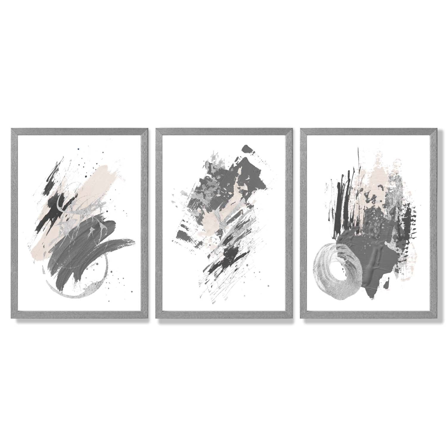 Grey and Silver Abstract Oil Shapes Set of 3 Framed Art Prints with Light Grey Wooden Frames