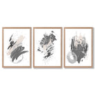 Grey and Silver Abstract Oil Shapes Set of 3 Framed Art Prints with Light Oak Frames