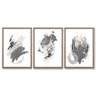 Grey and Silver Abstract Oil Shapes Set of 3 Framed Art Prints with Light Walnut Frames