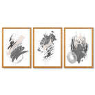 Grey and Silver Abstract Oil Shapes Set of 3 Framed Art Prints with Oak Wooden Frames