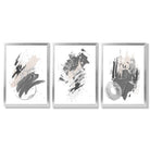 Grey and Silver Abstract Oil Shapes Set of 3 Framed Art Prints with Silver Wood Frames