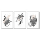 Grey and Silver Abstract Oil Shapes Set of 3 Framed Art Prints with White Wooden Frames