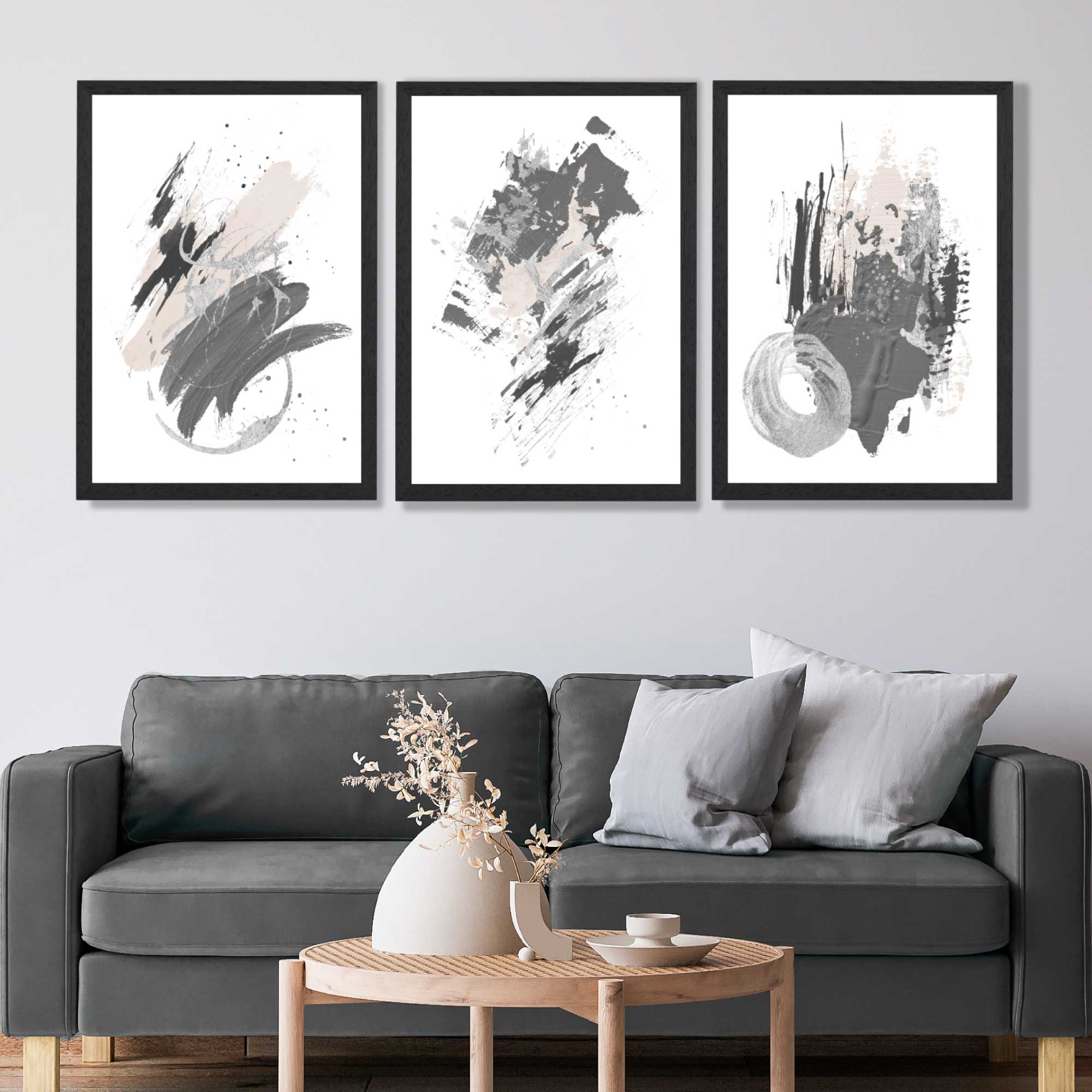 Grey and Silver Abstract Oil Shapes Set of 3 Framed Art Prints in Luxury Frames | Artze UK