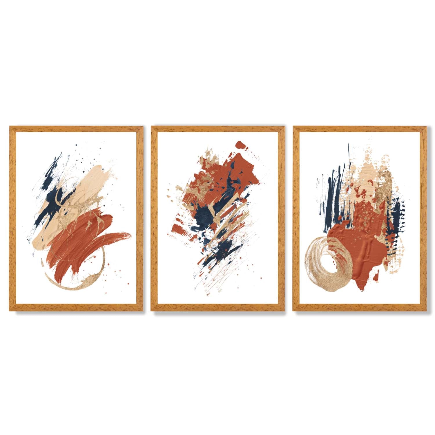Navy and Orange Abstract Oil Shapes Set of 3 Framed Art Prints with Oak Wooden Frames