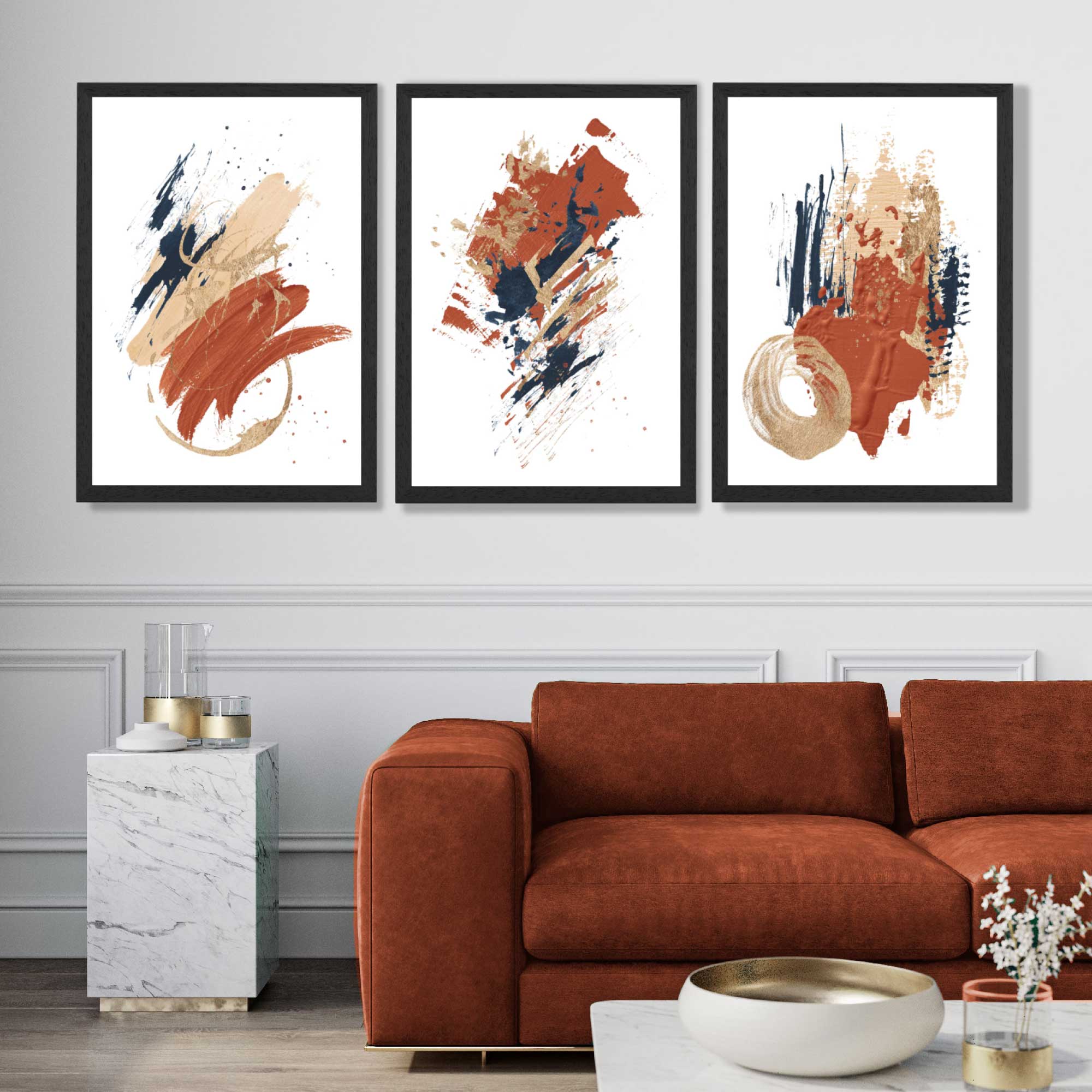 Navy and Orange Abstract Oil Shapes Set of 3 Framed Art Prints in Luxury Frames | Artze UK