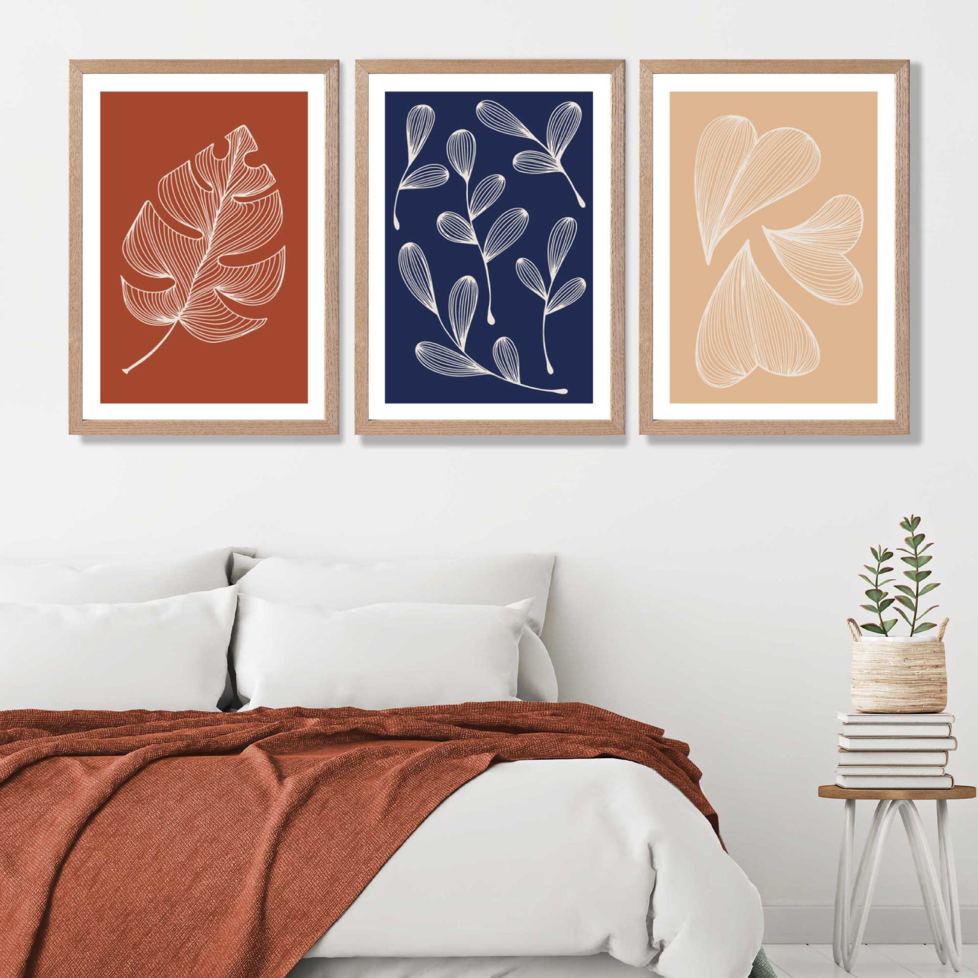Navy and Orange Sketch Leaves Set of 3 Art Prints in Luxury Frames | Artze UK