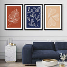 Navy and Orange Sketch Leaves Set of 3 Art Prints in Black Frames | Artze UK