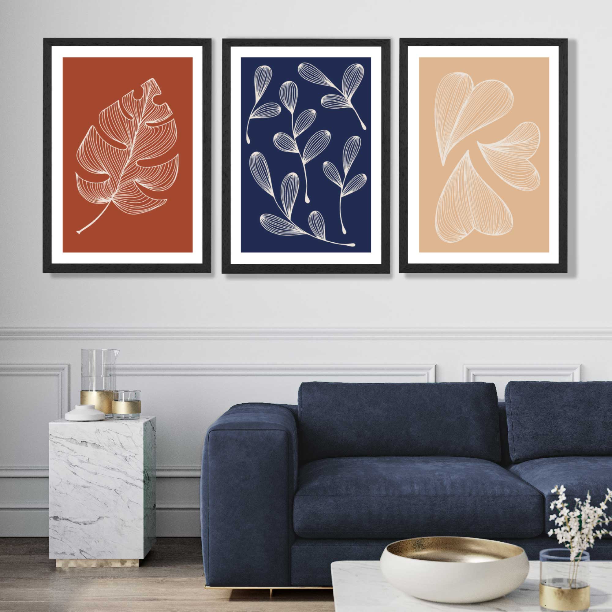 Navy and Orange Sketch Leaves Set of 3 Art Prints in Black Frames | Artze UK