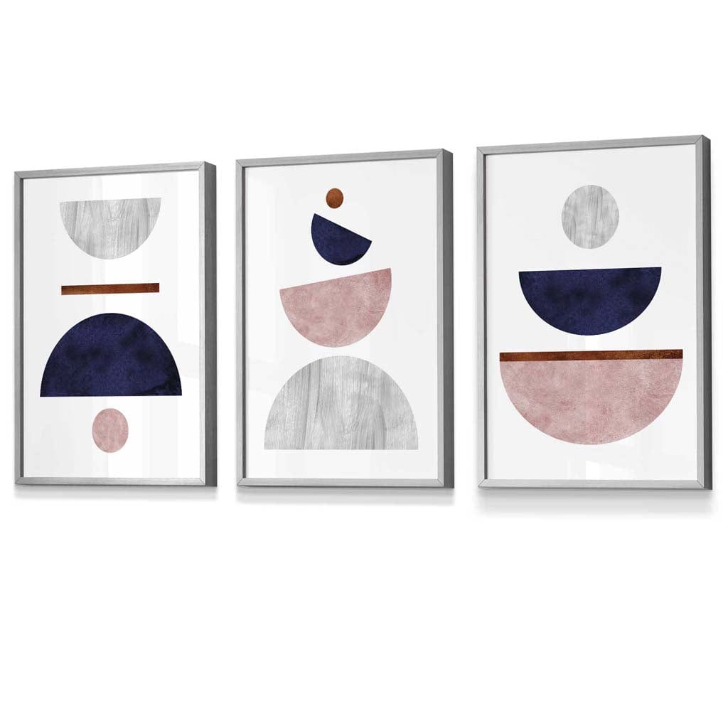 Mid Century Modern Navy Blue and Blush Pink Art Prints in Light Grey Wood Frames