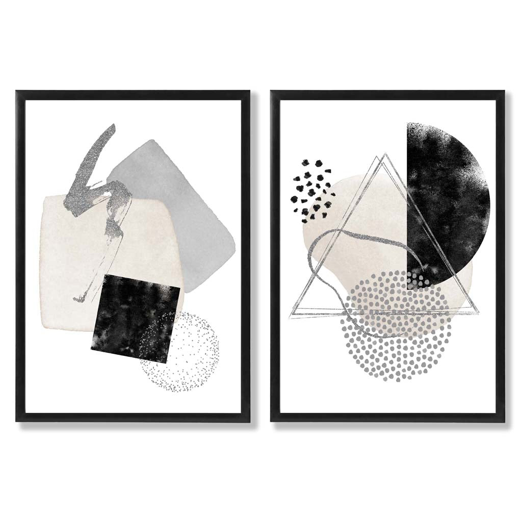 Grey and Black Abstract Shapes Set of 2 Art Prints with Black Frame