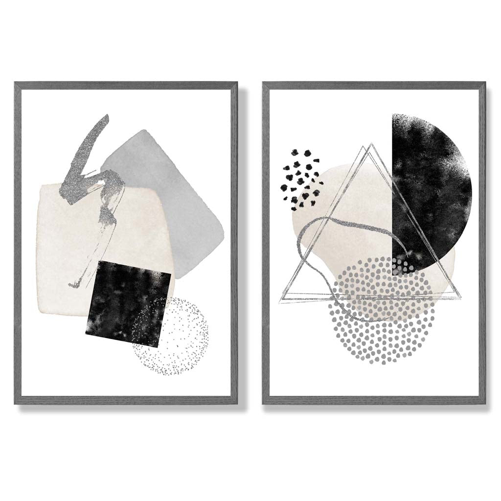 Grey and Black Abstract Shapes Set of 2 Art Prints with Dark Grey Frame