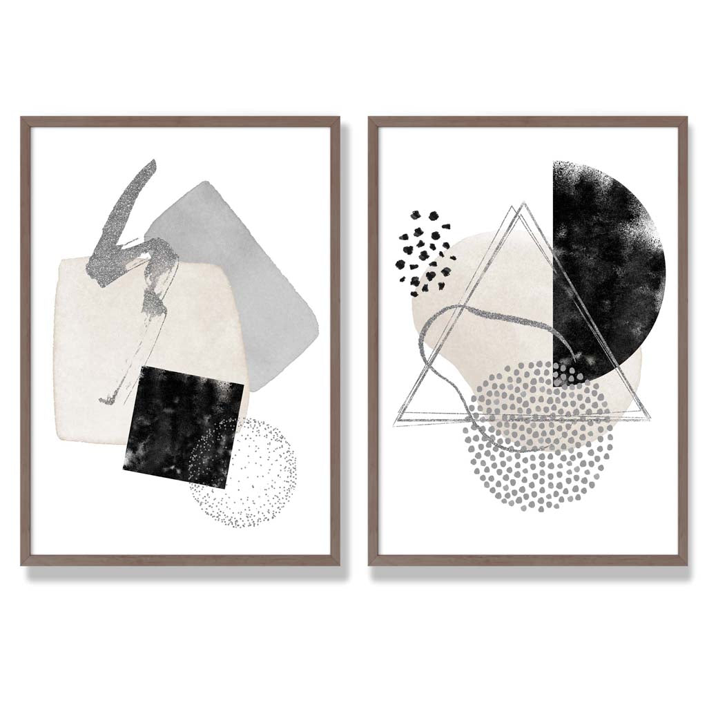 Grey and Black Abstract Shapes Set of 2 Art Prints with Walnut Frame
