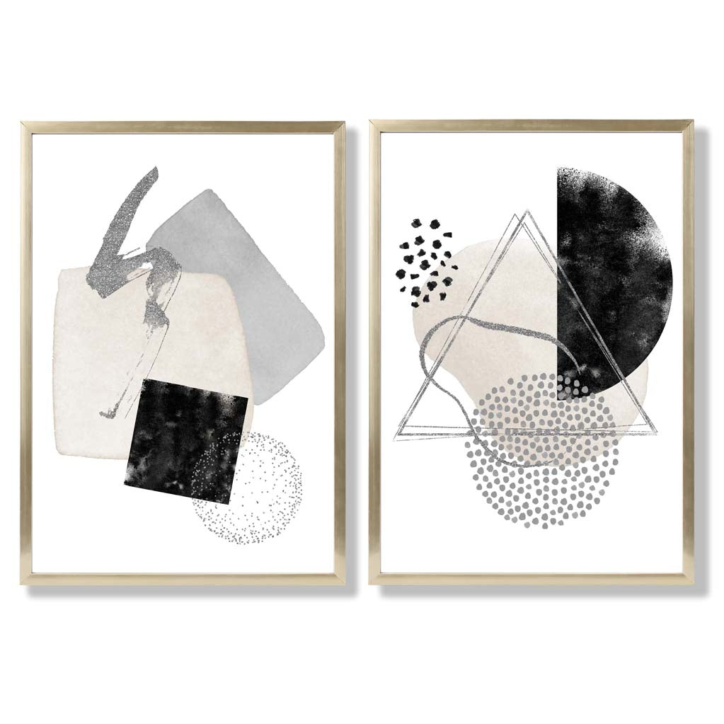 Grey and Black Abstract Shapes Set of 2 Art Prints with Gold Frame
