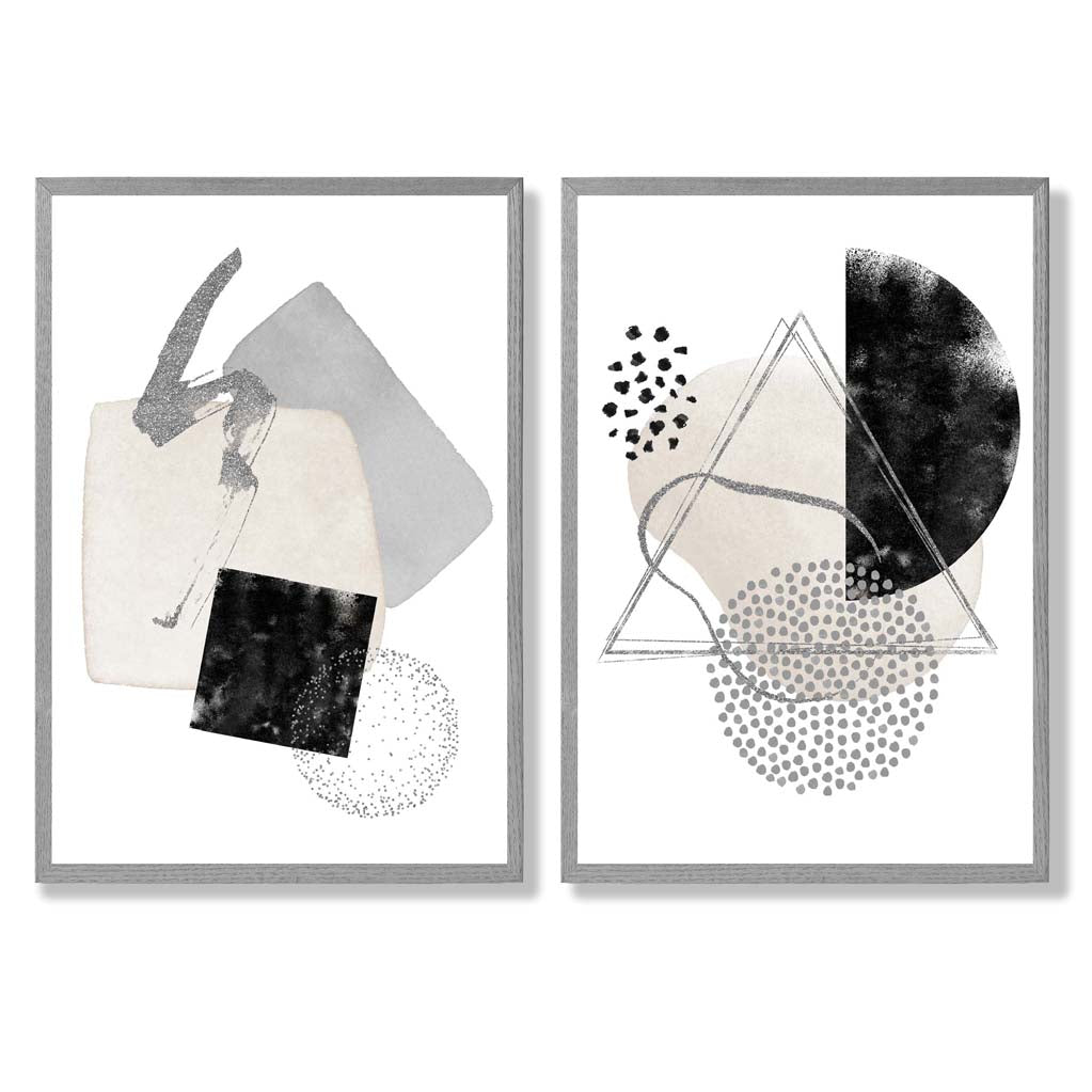 Grey and Black Abstract Shapes Set of 2 Art Prints with Light Grey Frame
