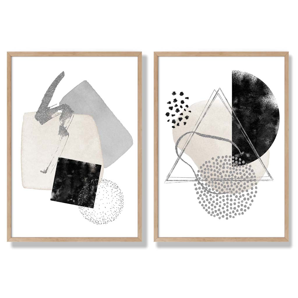 Grey and Black Abstract Shapes Set of 2 Art Prints with Oak Frame