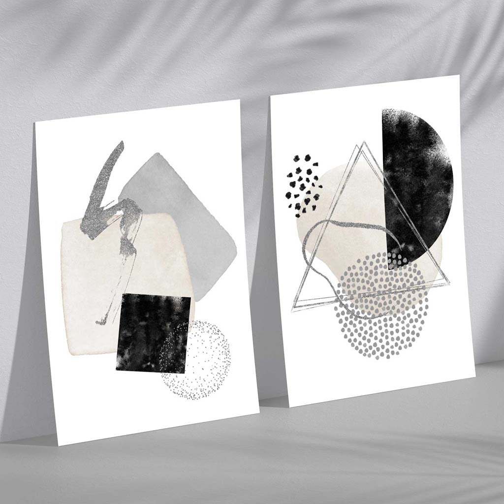 Grey and Black Abstract Shapes Set of 2 Art Prints