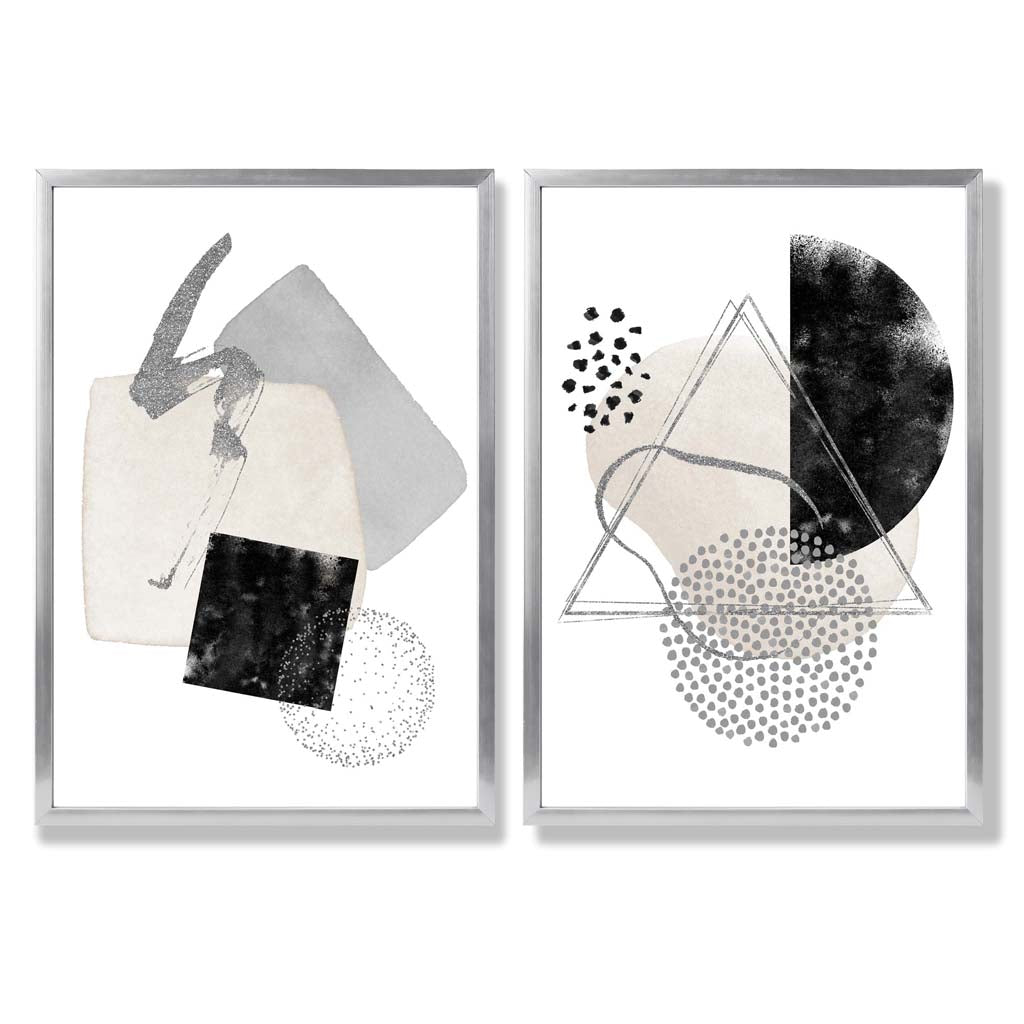 Grey and Black Abstract Shapes Set of 2 Art Prints with Silver Frame