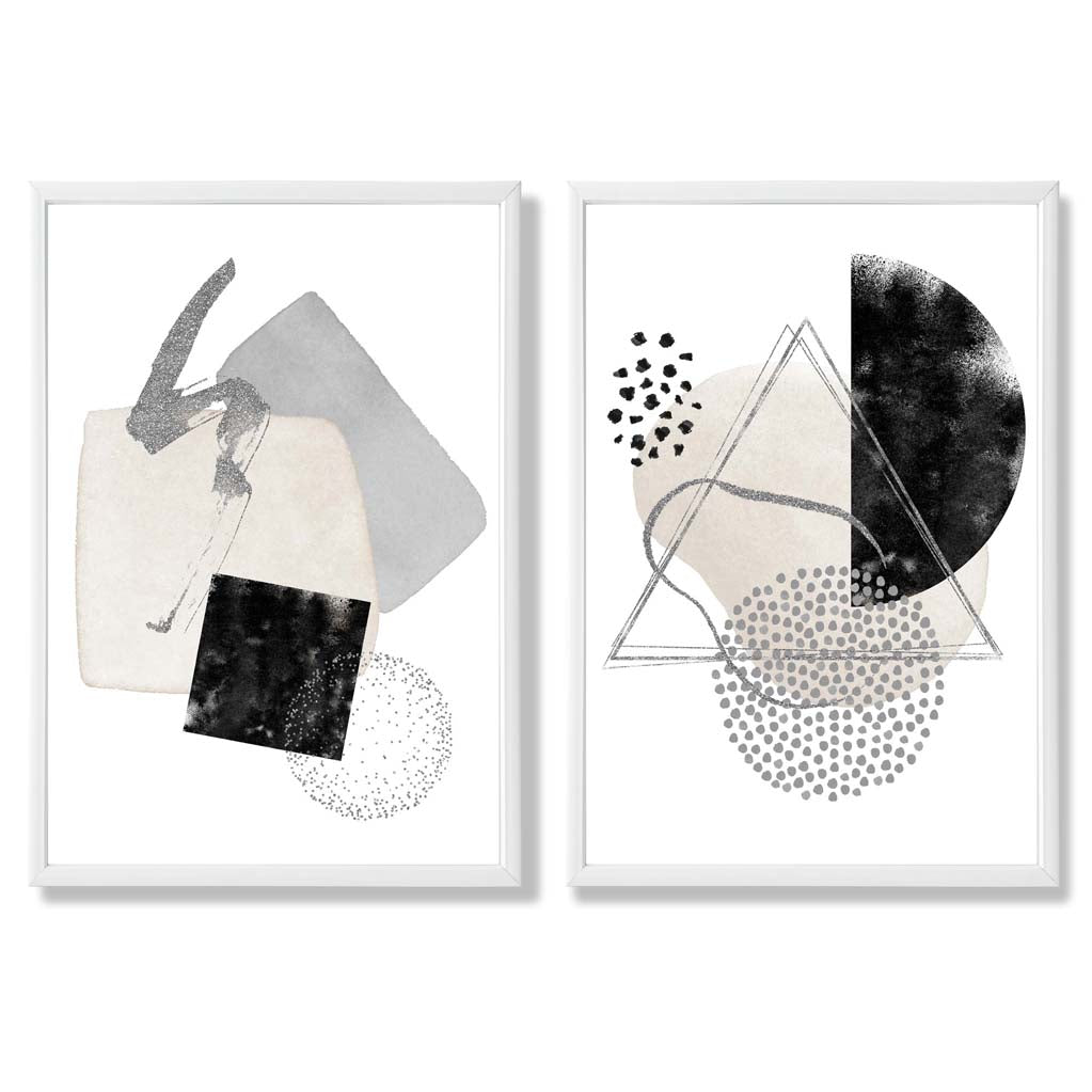 Grey and Black Abstract Shapes Set of 2 Art Prints with White Frame