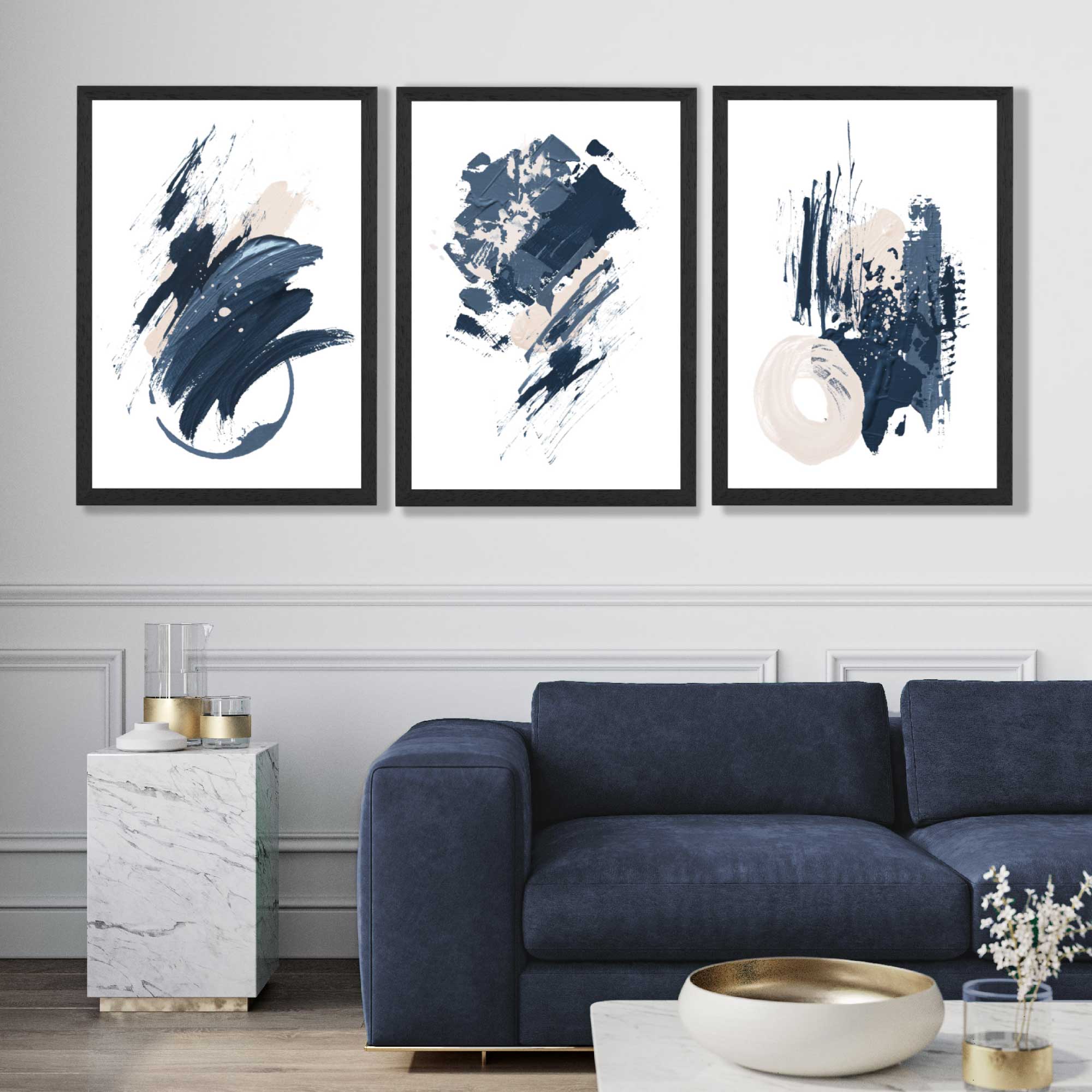 Abstract Set of 3 Minimal Blue Oil Painting Art Prints in Black Frames | Artze UK