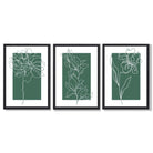 Minimal Sketch Flowers on Emerald Green Set of 3 Framed Art Prints with Black Wooden Frames