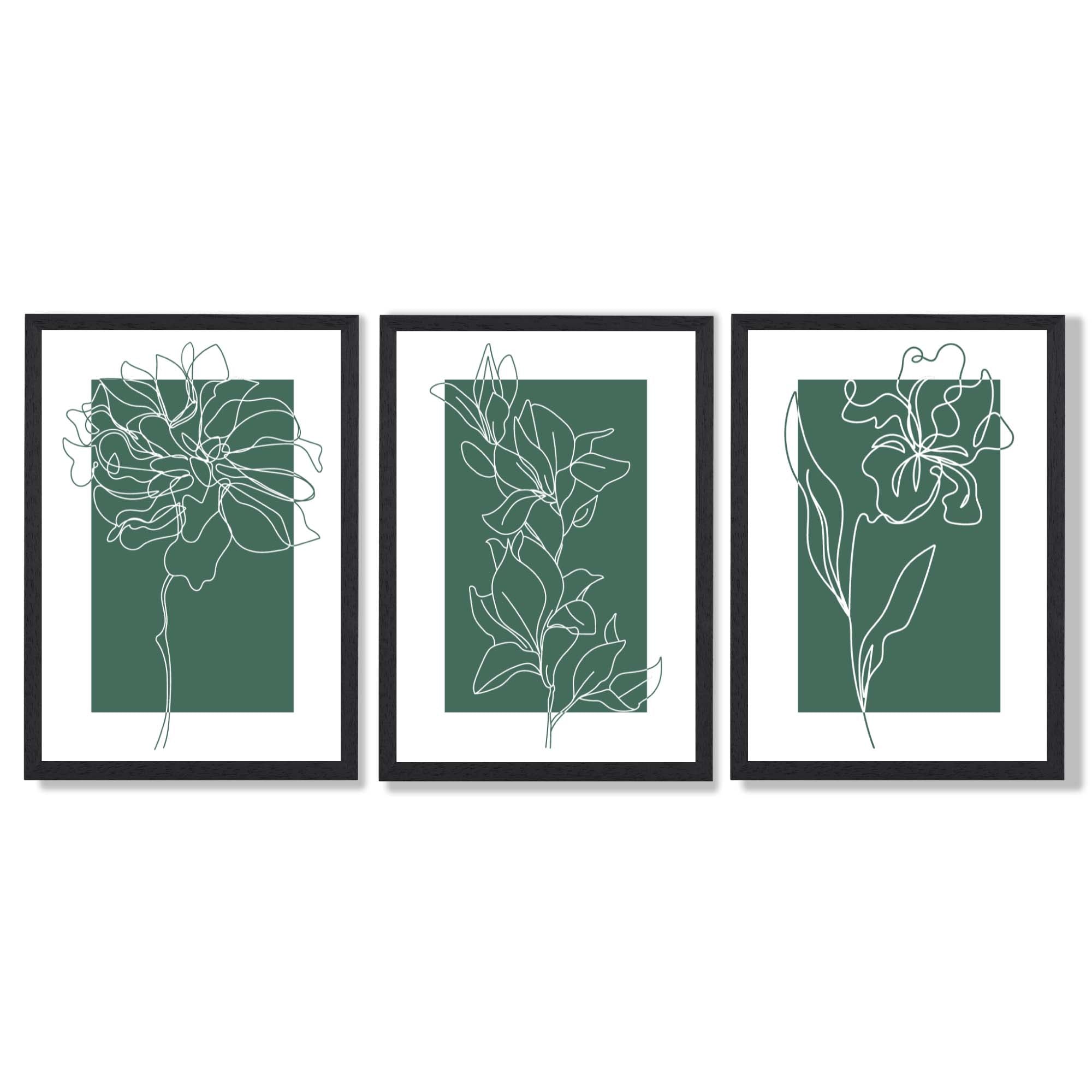 Minimal Sketch Flowers on Emerald Green Set of 3 Framed Art Prints with Black Wooden Frames