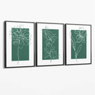Minimal Sketch Flowers on Emerald Green Set of 3 Canvas Art Prints with Grey Float Frame