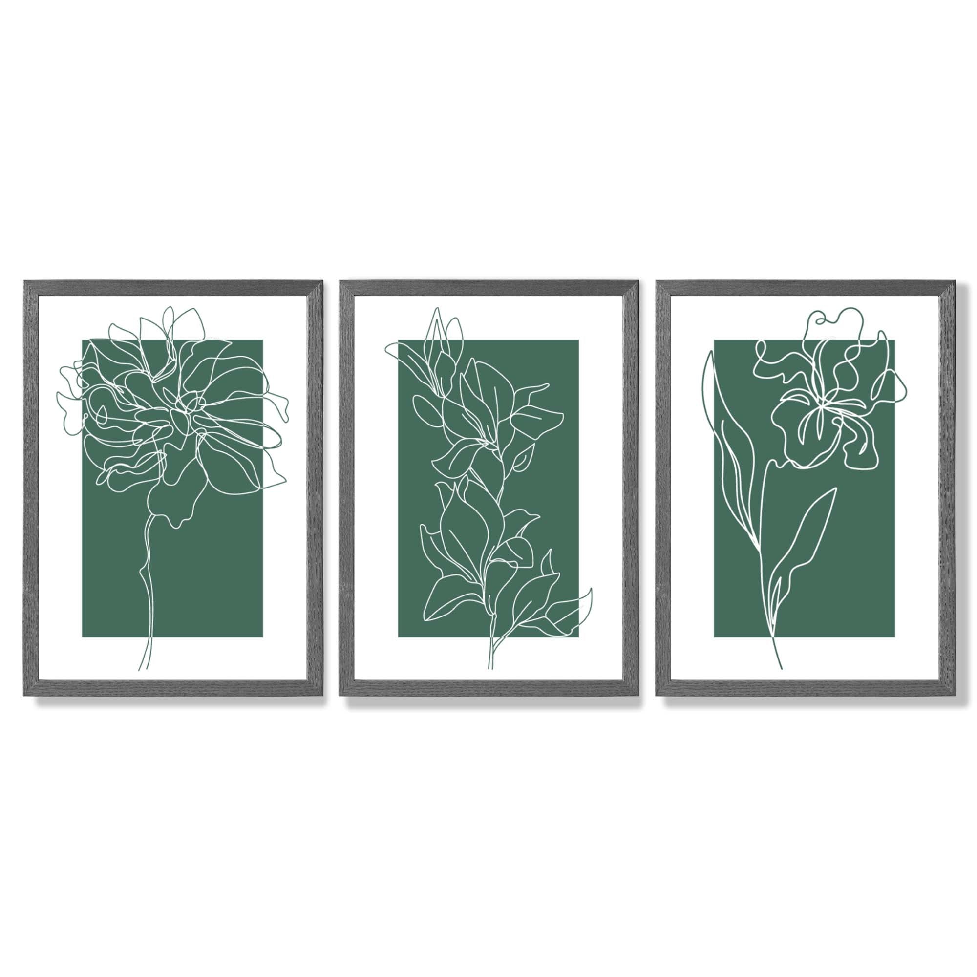 Minimal Sketch Flowers on Emerald Green Set of 3 Framed Art Prints with Dark Grey Wooden Frames