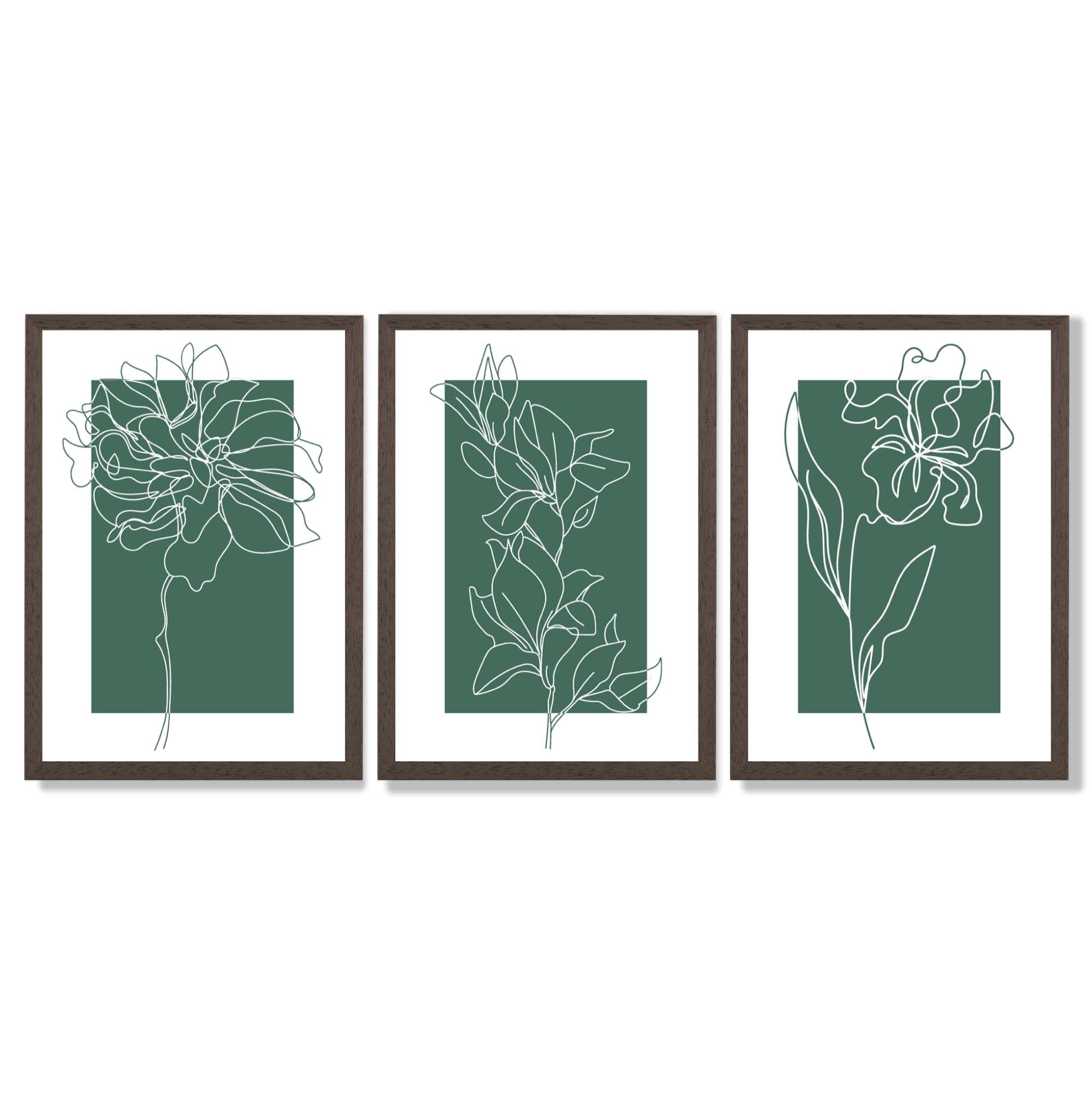 Minimal Sketch Flowers on Emerald Green Set of 3 Framed Art Prints with Dark Wood Frames