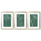 Minimal Sketch Flowers on Emerald Green Set of 3 Framed Art Prints with Gold Wood Frames