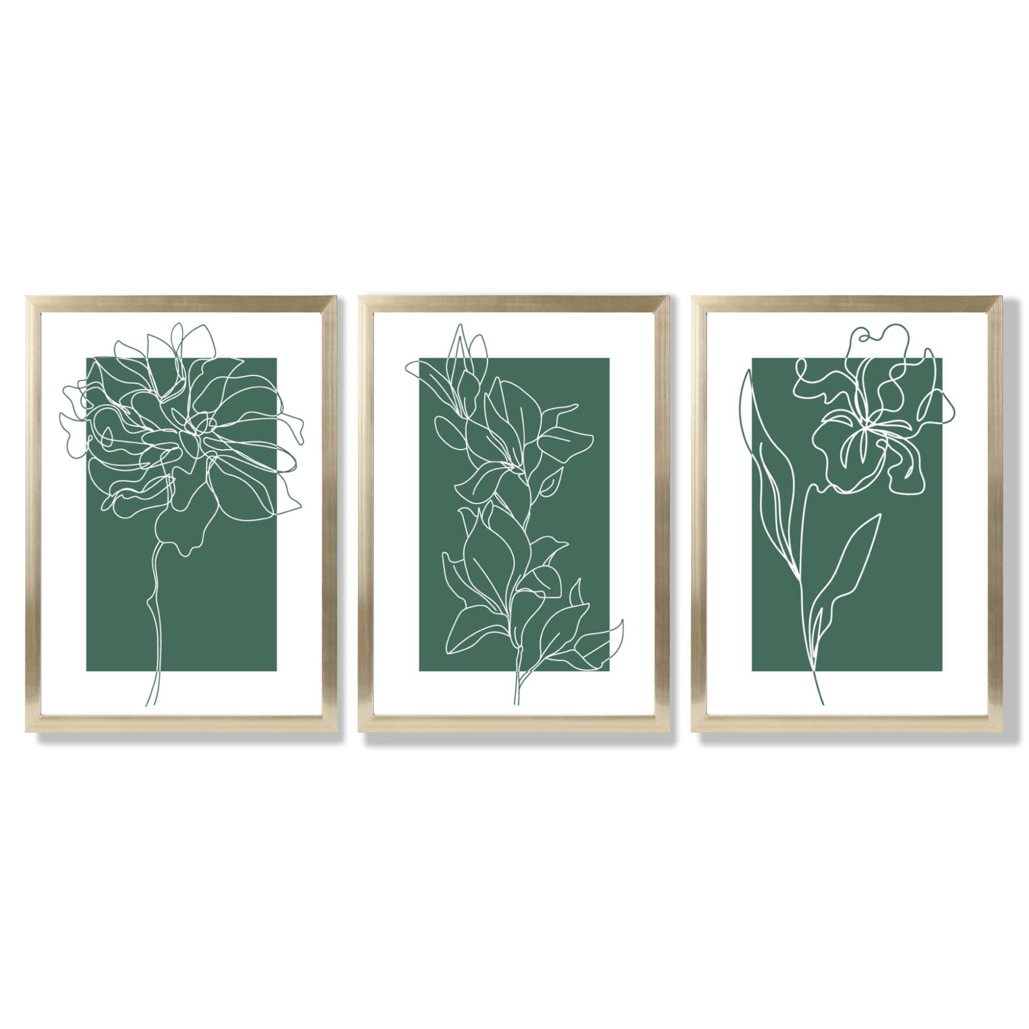 Minimal Sketch Flowers on Emerald Green Set of 3 Framed Art Prints with Gold Wood Frames