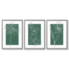 Minimal Sketch Flowers on Emerald Green Set of 3 Framed Art Prints with Light Grey Wooden Frames