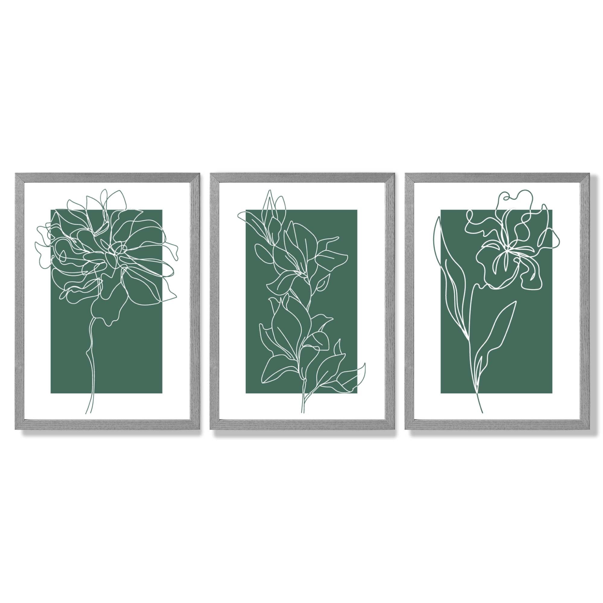 Minimal Sketch Flowers on Emerald Green Set of 3 Framed Art Prints with Light Grey Wooden Frames