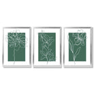 Minimal Sketch Flowers on Emerald Green Set of 3 Framed Art Prints with Silver Wood Frames