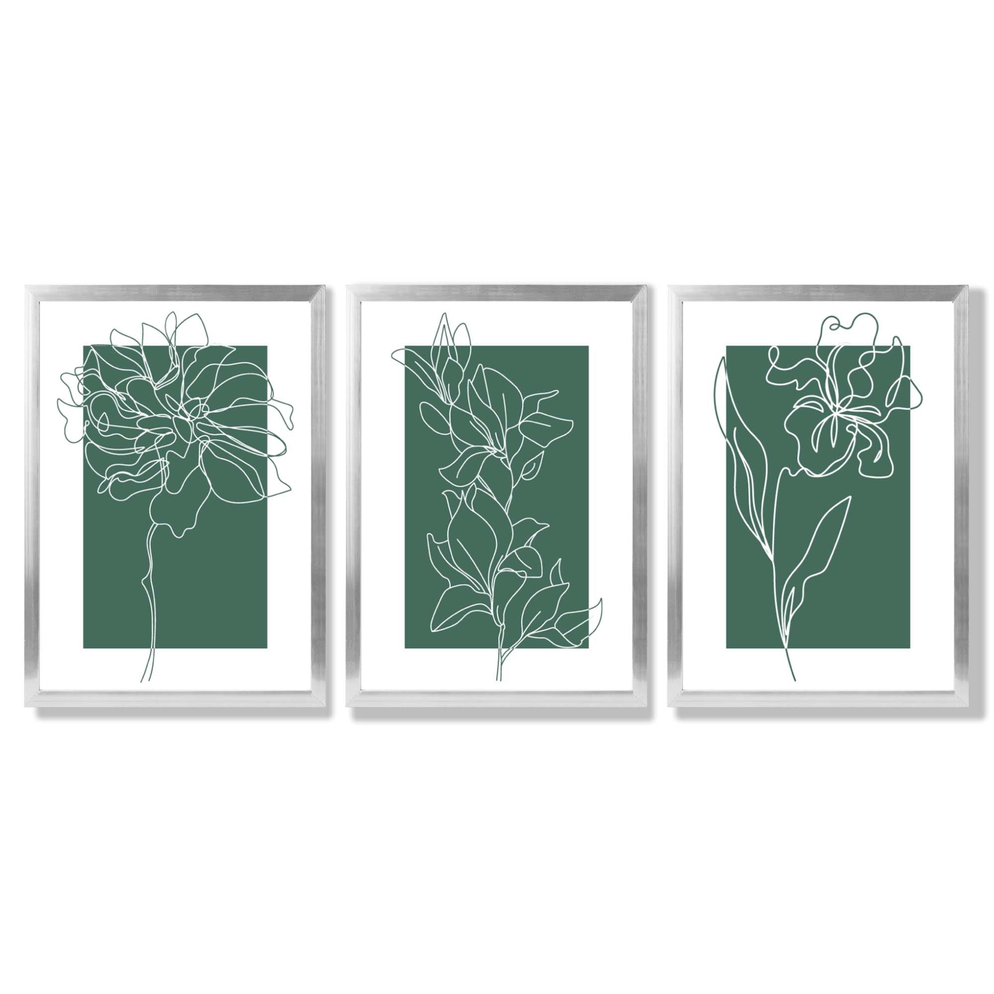 Minimal Sketch Flowers on Emerald Green Set of 3 Framed Art Prints with Silver Wood Frames