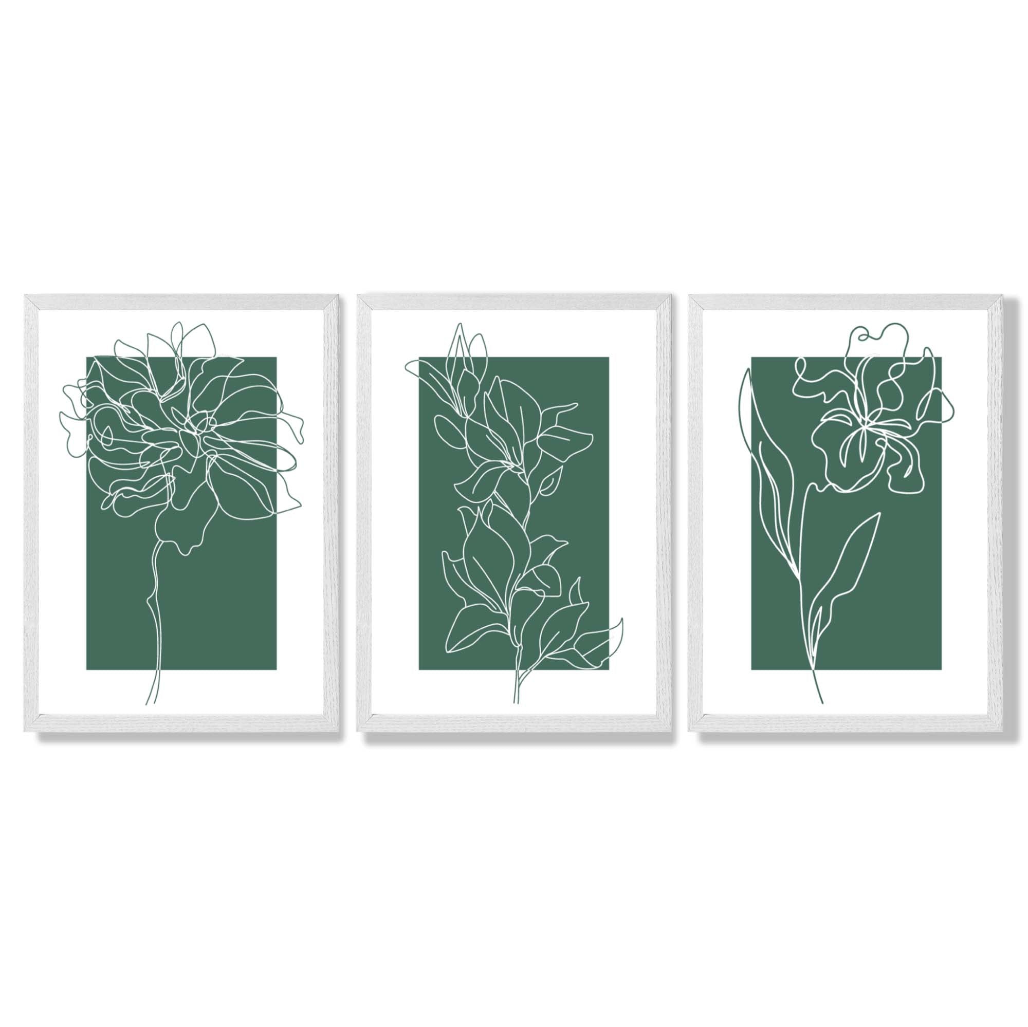 Minimal Sketch Flowers on Emerald Green Set of 3 Framed Art Prints with White Wooden Frames