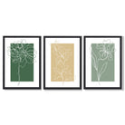 Minimal Sketch Flowers on Green and Yellow Set of 3 Framed Art Prints with Black Wooden Frames