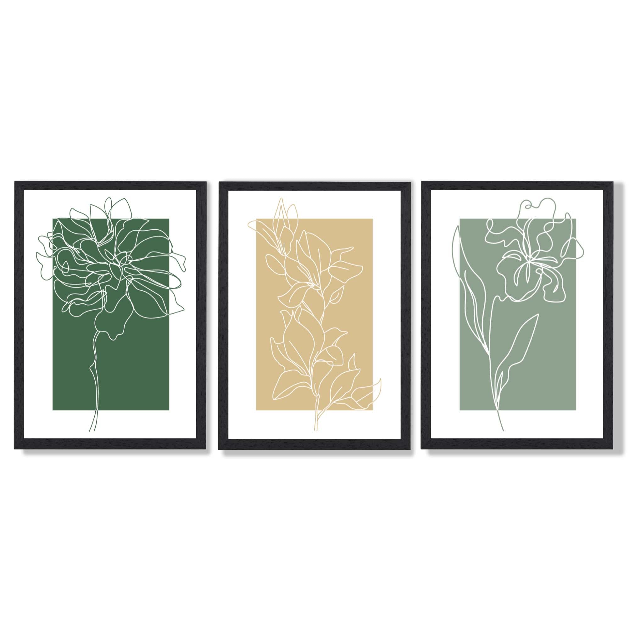 Minimal Sketch Flowers on Green and Yellow Set of 3 Framed Art Prints with Black Wooden Frames