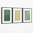 Minimal Sketch Flowers on Green and Yellow Set of 3 Canvas Art Prints with Black Float Frame