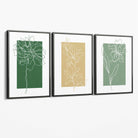Minimal Sketch Flowers on Green and Yellow Set of 3 Canvas Art Prints with Grey Float Frame