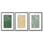 Minimal Sketch Flowers on Green and Yellow Set of 3 Framed Art Prints with Dark Grey Wooden Frames