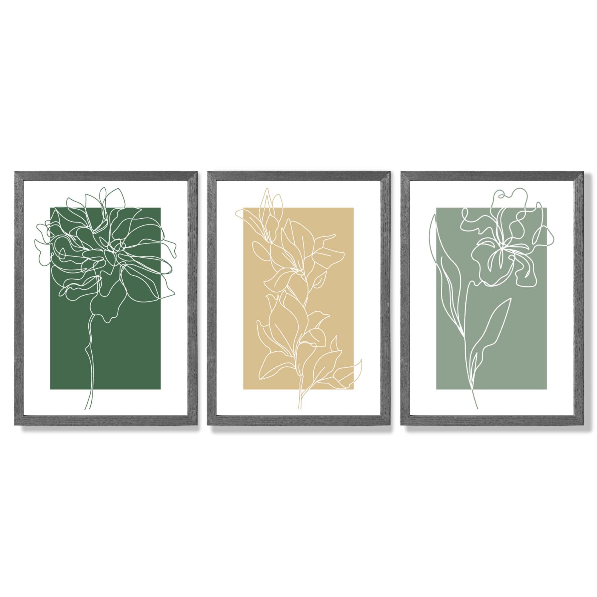 Minimal Sketch Flowers on Green and Yellow Set of 3 Framed Art Prints with Dark Grey Wooden Frames