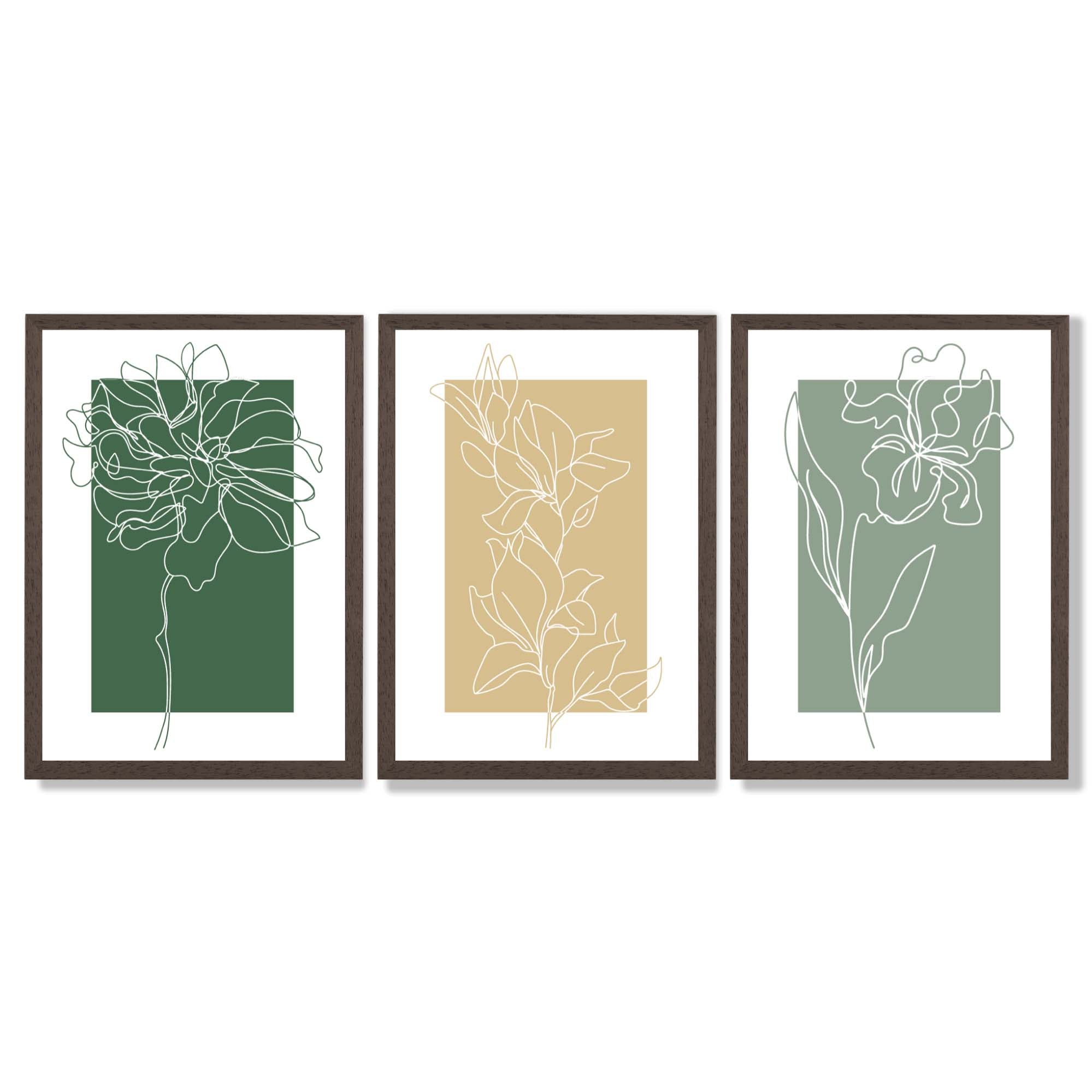 Minimal Sketch Flowers on Green and Yellow Set of 3 Framed Art Prints with Dark Wood Frames