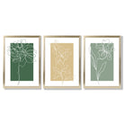 Minimal Sketch Flowers on Green and Yellow Set of 3 Framed Art Prints with Gold Wood Frames
