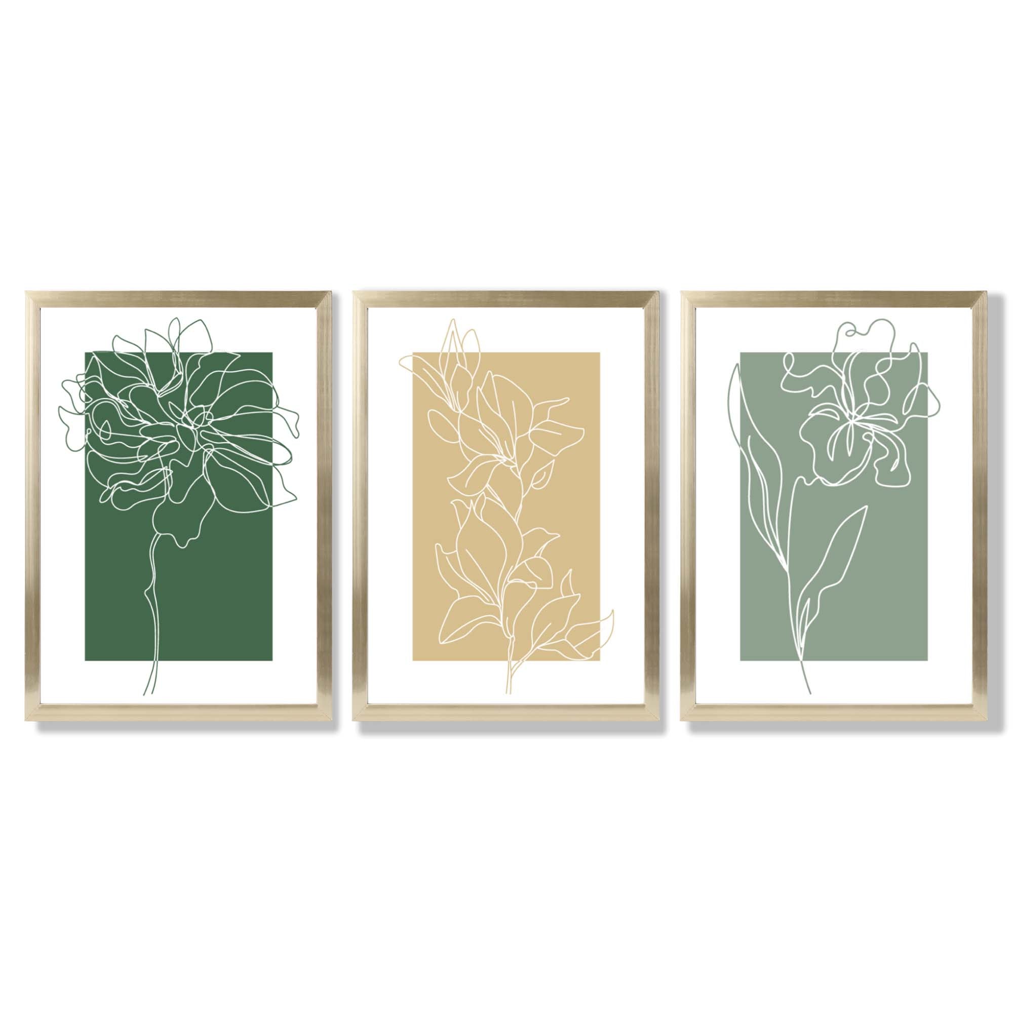 Minimal Sketch Flowers on Green and Yellow Set of 3 Framed Art Prints with Gold Wood Frames